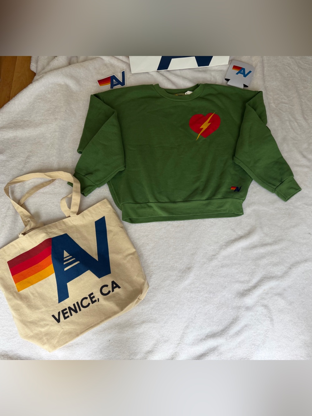NWT Aviator Nation Bolt Heart Relaxed Crew Sweatshirt Leaf XS + Tote bag